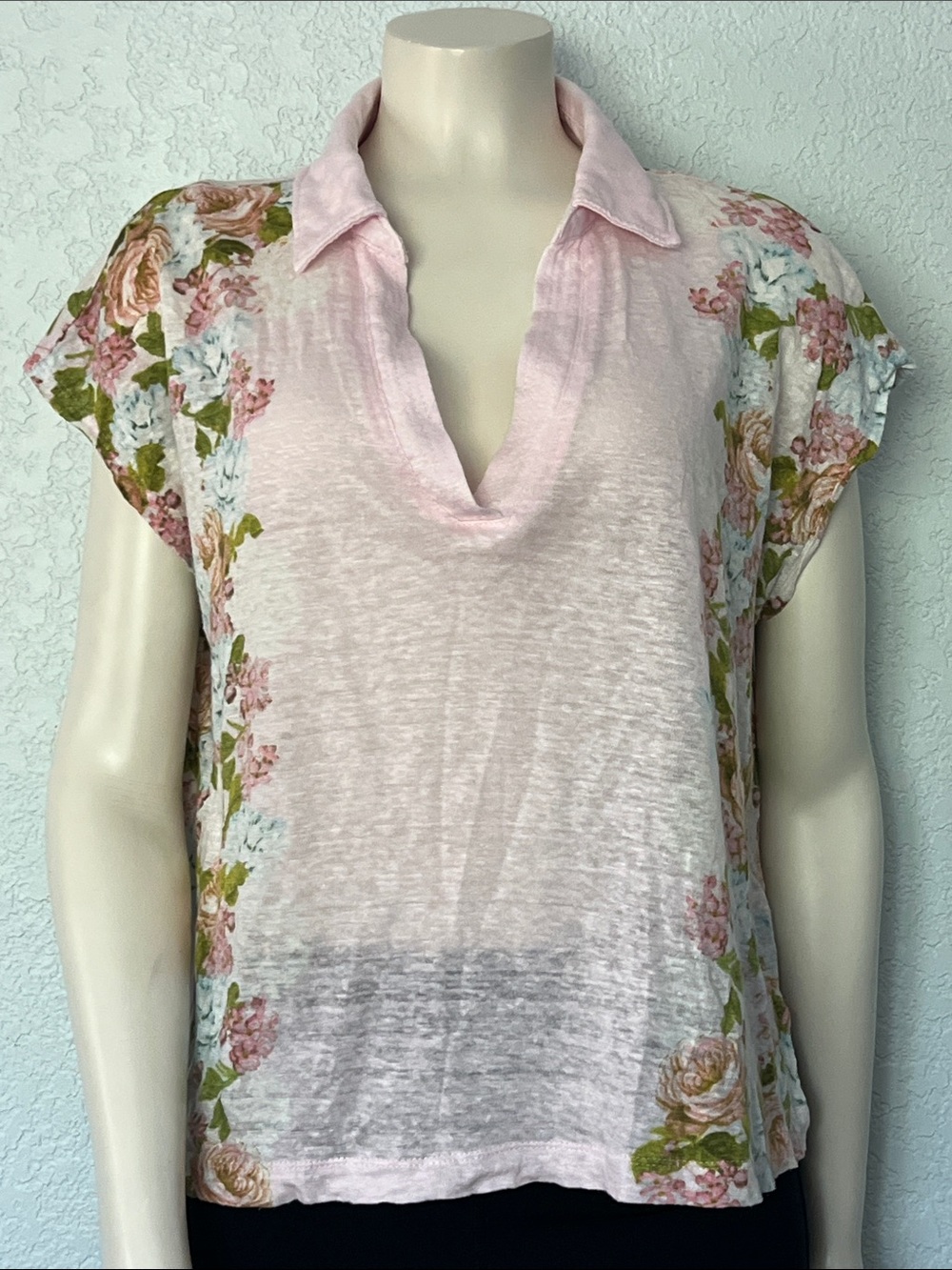 Joie 100% Linen Floral Top Pink Summer Blouse Cropped Lightweight Womens Large
